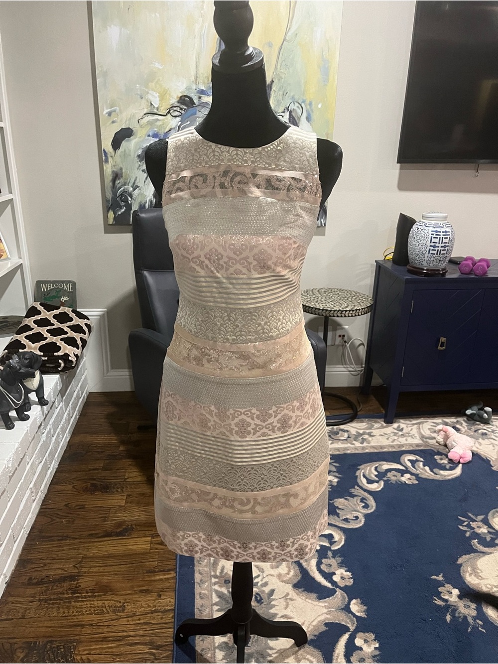 Kay Unger Blush and Ivory Striped Lace Sheath Dress